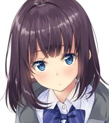 Rule 34 | 1girl, :/, blue bow, blue bowtie, blue eyes, blush, bow, bowtie, brown hair, closed mouth, collared shirt, commentary request, looking at viewer, medium hair, original, school uniform, shirt, simple background, solo, unasaka ryou, white shirt, wing collar
