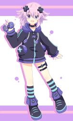 Rule 34 | 1girl, :d, absurdres, adult neptune, adult neptune (cosplay), black choker, blush, caro-xy, choker, controller, cosplay, d-pad, d-pad hair ornament, full body, hair ornament, highres, holding, holster, hood, hooded jacket, jacket, looking at viewer, neptune (neptunia), neptune (series), open mouth, purple eyes, purple hair, shin jigen game neptune vii, short hair, smile, socks, solo, striped clothes, striped legwear, striped socks, thigh strap