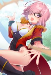 Rule 34 | 1girl, black-framed eyewear, boots, breasts, cleavage, cloud, coat, day, detached collar, dutch angle, epaulettes, eyes visible through hair, fate/grand order, fate (series), glasses, hair over one eye, highleg, highleg leotard, highres, hisayaki kyuu, juggling, juggling club, leg up, leotard, light purple hair, mash kyrielight, mash kyrielight (welcome to the travelling circus!), medium breasts, official alternate costume, open mouth, outdoors, purple eyes, purple hair, short hair, solo