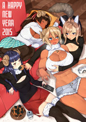 Rule 34 | 10s, 2015, 23 (real xxiii), 4girls, :p, abs, ahoge, all fours, animal ears, beer can, black legwear, blonde hair, blue eyes, blunt bangs, breasts, brown-haired girl (23), brown hair, can, cleavage, cleavage cutout, closed eyes, clothing cutout, controller, cutoffs, dark-skinned female, dark skin, denim, denim shorts, drink can, drooling, english text, fang, flat-chested girl (23), food, fox ears, fox tail, fur trim, grabbing, grabbing another&#039;s breast, hand on breast, happy new year, heavy breathing, highres, horns, huge breasts, leaning back, long hair, meme attire, midriff, mouth hold, multiple girls, navel, new year, open-chest sweater, original, panties, panties under pantyhose, pantyhose, pleated skirt, ponytail, red eyes, remote control, ribbed sweater, sela (23), senbei, short hair, short shorts, shorts, sidelocks, sitting, skirt, sleeping, small breasts, sweater, tail, tears, thighhighs, toned, tongue, tongue out, underwear, ursula (23), wavy mouth, wife and wife, yuri