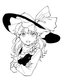 Rule 34 | 1girl, black hat, black vest, bow, braid, commentary request, cropped torso, crossed arms, greyscale, hair bow, hat, hat bow, highres, kirisame marisa, long hair, long sleeves, monochrome, natsume (menthol), shirt, simple background, single braid, smile, solo, touhou, upper body, vest, white background, white shirt, witch hat