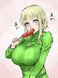 Rule 34 | 1girl, blonde hair, blue eyes, blush, breasts, eating, fang, food, food in mouth, green sweater, holding, kuneru marta, kuranosuke, large breasts, looking at viewer, maria marta cunhel guloso, pink background, sexually suggestive, short hair, short hair with long locks, sidelocks, solo, sweater, tongue, tongue out, translation request, turtleneck