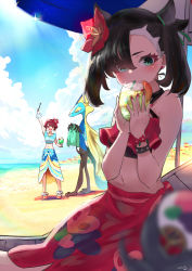Rule 34 | 2girls, :d, arm up, asymmetrical bangs, beach, beach chair, beach umbrella, black hair, blue sarong, blue shirt, blurry, blush, bracelet, brown eyes, brown hair, cloud, commentary request, creatures (company), cup, day, drinking, drinking straw, e-co, earrings, flower, food, fruit, game freak, gen 8 pokemon, glass, gloria (pokemon), gloria (summer 2021) (pokemon), green eyes, green ribbon, hair flower, hair ornament, hair ribbon, holding, holding cup, inteleon, jewelry, looking at viewer, marnie (pokemon), marnie (summer 2021) (pokemon), midriff, mouth hold, multiple girls, nail polish, navel, nintendo, official alternate costume, open mouth, orange (fruit), orange slice, outdoors, pokemon, pokemon (creature), pokemon masters ex, red nails, ribbon, sand, sarong, scrunchie, shirt, shore, short hair, sky, sleeveless, sleeveless shirt, smile, standing, swimsuit, umbrella, water, wrist scrunchie