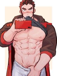 Rule 34 | 1boy, abs, akashi (live a hero), bara, bare pectorals, blush, clothes in mouth, clothes pull, cowboy shot, groin, highres, holding, holding phone, kimi6666, large pectorals, lifting own clothes, live a hero, looking at viewer, male focus, male pubic hair, mouth hold, muscular, muscular male, navel, nipples, pants, pants pull, pectorals, phone, pubic hair, red hair, scar, scar on face, selfie, shirt in mouth, short hair, sideburns, solo, sweatdrop, thick eyebrows