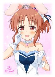 Rule 34 | 1girl, :d, abe nana, animal ears, bare shoulders, blue ribbon, blush, breasts, brown eyes, brown hair, cleavage, collarbone, commentary request, dress, gloves, hair ribbon, idolmaster, idolmaster cinderella girls, idolmaster cinderella girls starlight stage, kaiware-san, long hair, looking at viewer, medium breasts, open mouth, parted bangs, rabbit ears, ribbon, sidelocks, signature, smile, solo, sparkle, strapless, strapless dress, tears, tiara, upper body, white dress, white gloves, wiping tears