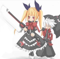 Rule 34 | 1boy, 1girl, :&gt;, :&lt;, arc system works, blazblue, blonde hair, boots, bow, dress, frills, gloves, gothic lolita, hair ribbon, hakama, hakama skirt, heel-less shoes, japanese clothes, lolita fashion, long hair, lowres, nago, platform footwear, rachel alucard, ragna the bloodedge, red eyes, ribbon, shoes, skirt, smile, sword, triangle mouth, twintails, umbrella, weapon, white eyes