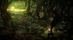 Rule 34 | 1boy, absurdres, boar, bug, centipede, character request, chromatic aberration, facing away, forest, glowing, highres, lantern, male focus, mushi (mushishi), mushishi, nature, outdoors, pond, sandals, socks, solo, temnama, tree, white socks