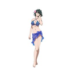 Rule 34 | 1girl, absurdres, belly, bikini, breasts, cleavage, collarbone, earrings, fubuki (one-punch man), green eyes, green hair, hand in own hair, highres, jewelry, large breasts, legs, looking at viewer, navel, official art, one-punch man, sarong, sunglasses on head, swimsuit