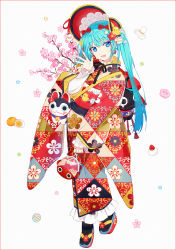Rule 34 | 1girl, :d, aqua hair, black socks, blue eyes, blue hair, blush, bonnet, branch, floral print, flower, frilled kimono, frilled sleeves, frills, full body, gradient hair, hair between eyes, hakusai (tiahszld), hand up, hatsune miku, highres, japanese clothes, kimono, long hair, long sleeves, multicolored hair, open mouth, pink flower, platform footwear, print kimono, red footwear, red headwear, revision, shirt, sleeves past wrists, smile, socks, solo, tabi, twintails, vocaloid, white background, white shirt, wide sleeves