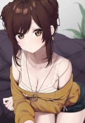 Rule 34 | 1girl, breasts, brown eyes, brown hair, camisole, cleavage, crossed arms, double bun, earrings, green skirt, hair bun, highres, idolmaster, idolmaster shiny colors, jewelry, leaning forward, light blush, looking at viewer, medium breasts, medium hair, necklace, off-shoulder sweater, off shoulder, osaki amana, plaid, plaid skirt, ring, ring necklace, sitting, skirt, solo, strap slip, sweater, syhan, thighs, white camisole, yellow sweater