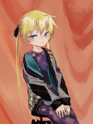 Rule 34 | 1girl, absurdres, bad id, bad twitter id, blonde hair, closed mouth, dress, gishiki (gshk), highres, jacket, kill me baby, long hair, long sleeves, looking at viewer, orange background, purple dress, purple eyes, sitting, solo, sonya (kill me baby), stool, twintails, v arms, very long hair