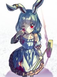 Rule 34 | 1girl, animal ears, blood, blood on face, blood on clothes, bloody weapon, blue dress, blue hair, rabbit ears, dress, earclip, hammer, long hair, low twintails, one eye closed, puffy sleeves, red eyes, seiran (touhou), short sleeves, solo, touhou, twintails, weapon, white background, zounose