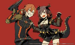 Rule 34 | 1boy, 1girl, anger vein, brother and sister, brown eyes, brown hair, clenched teeth, fingerless gloves, gloves, gun, hassan (sink916), highres, holding, holding gun, holding weapon, horns, lizard tail, orange hair, project sekai, red background, salamander (vocaloid), shinonome akito, shinonome ena, short hair, shorts, siblings, tail, teeth, vocaloid, weapon, yellow eyes