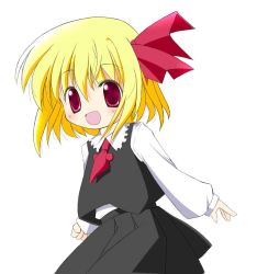 Rule 34 | 1girl, blonde hair, female focus, looking at viewer, no nose, open mouth, red eyes, rumia, short hair, simple background, smile, solo, sou ryuu, touhou, white background