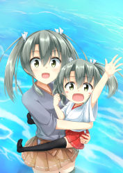 Rule 34 | 10s, 2girls, :d, arm up, black legwear, blush stickers, brown skirt, carrying, child, dual persona, green eyes, grey hair, hair ribbon, hakama, hakama short skirt, hakama skirt, hino (2nd life), japanese clothes, kantai collection, looking at viewer, looking up, multiple girls, open mouth, pleated skirt, red skirt, remodel (kantai collection), ribbon, skirt, smile, thighhighs, twintails, aged down, zuikaku (kancolle)