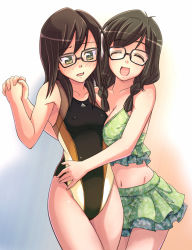 Rule 34 | 2girls, ^ ^, blush, breasts, competition swimsuit, e20, covered erect nipples, closed eyes, glasses, green eyes, houzumi kaede, houzumi satsuki, hug, large breasts, midriff, multiple girls, one-piece swimsuit, original, siblings, sisters, small breasts, smile, swimsuit