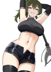 Rule 34 | 1girl, armpits, arms up, black thighhighs, breasts, cowboy shot, crop top, dutch angle, green hair, grin, high side ponytail, highres, holding, holding polearm, holding weapon, medium breasts, navel, open clothes, open fly, open shorts, polearm, purple eyes, short shorts, shorts, simple background, sky-freedom, smile, solo, sousou no frieren, stomach, thighhighs, ubel (sousou no frieren), weapon, white background