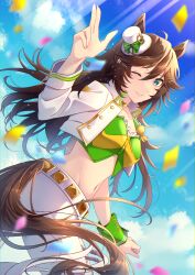 Rule 34 | 1girl, absurdres, blue eyes, blue sky, brown hair, choker, cloud, commentary request, confetti, crop top, day, green shirt, grin, hair ornament, hairclip, hand up, hat, highres, jacket, long hair, long sleeves, midriff, mini hat, mini top hat, mr. c.b. (umamusume), navel, one eye closed, outdoors, pants, partial commentary, saotome (neptune 0416), shirt, sky, smile, solo, stomach, strapless, strapless shirt, tail, top hat, umamusume, very long hair, white hat, white jacket, white pants, yellow choker