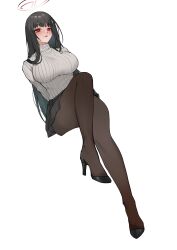 Rule 34 | 1girl, absurdres, arms behind back, black footwear, black hair, black skirt, blue archive, breasts, brown pantyhose, commentary request, grey sweater, halo, high heels, highres, large breasts, long hair, long sleeves, looking at viewer, pantyhose, paradox (parapa), red eyes, ribbed sweater, rio (blue archive), simple background, skirt, solo, sweater, thighs, turtleneck, turtleneck sweater, very long hair, white background