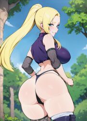 Rule 34 | 1girl, ai-assisted, ass, blonde hair, blue eyes, blush, breasts, crop top, curvy, earrings, elbow pads, fishnet thighhighs, fishnets, forest, green eyes, hair over one eye, highleg, highleg panties, huge ass, jewelry, kisou (kisou00), large breasts, long hair, looking at viewer, looking back, naruto (series), nature, outdoors, panties, ponytail, smile, solo, thick thighs, thighhighs, thighs, thong, underwear, wide hips, yamanaka ino