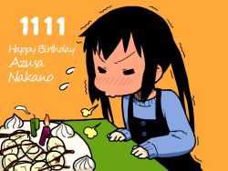 Rule 34 | 1girl, binary, black hair, blowing, blush, cake, candle, chibi, closed eyes, food, happy birthday, hizaki ryuuta, k-on!, nakano azusa, solo, twintails