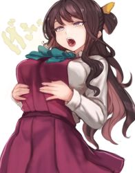 Rule 34 | 2girls, black hair, blouse, bow, bowtie, breast hold, breasts, burp, commentary request, dress, fangs, female admiral (kancolle), hairband, halterneck, kantai collection, large breasts, long hair, looking at another, multicolored hair, multiple girls, naganami (kancolle), open mouth, pink hair, shirt, translation request, two-tone hair, utopia, wavy hair, white hairband, white shirt