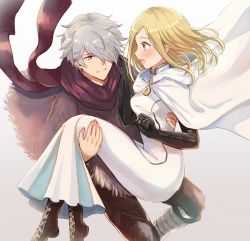 Rule 34 | 1boy, 1girl, ankh, blonde hair, cape, carrying, cleric, couple, dress, gloves, hair over one eye, hetero, jewelry, long hair, octopath traveler, octopath traveler i, ophilia (octopath traveler), priestess, princess carry, scarf, short hair, smile, therion (octopath traveler), wspread