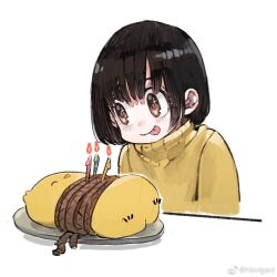 Rule 34 | 1girl, bird, black hair, blush, bound, brown eyes, candle, closed mouth, commentary, cropped torso, cross in eye, english commentary, jun (navigavi), long sleeves, looking at animal, original, plate, rope, short hair, simple background, smile, solo, sweater, tied up (nonsexual), tongue, tongue out, weibo logo, weibo watermark, white background, yellow sweater