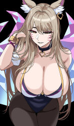 Rule 34 | 1girl, ahri (league of legends), animal ears, bare shoulders, black background, black pantyhose, blonde hair, blue leotard, breasts, cleavage, collarbone, commentary request, covered navel, hand in own hair, hella p, highres, k/da (league of legends), korean commentary, large breasts, league of legends, leotard, official alternate costume, orange eyes, pantyhose, parted lips, simple background, smile, solo, tagme