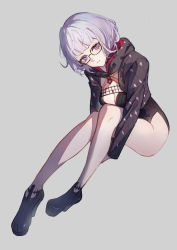 Rule 34 | 1girl, absurdres, bare legs, bilibilida, black footwear, black jacket, black leotard, breasts, chinese commentary, cleavage, closed mouth, commentary request, fate/grand order, fate (series), full body, glasses, grey background, highres, hood, hood down, hooded jacket, hugging own legs, jacket, jacques de molay (foreigner) (fate), leotard, long sleeves, looking at viewer, purple eyes, purple hair, short hair, simple background, sitting, solo