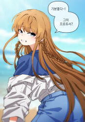 Rule 34 | 1girl, beach, blue eyes, blue shirt, blurry, blurry background, blush, brown hair, floating hair, grin, highres, idolmaster, idolmaster million live!, jacket, jacket partially removed, korean text, kousaka umi, long braid, looking at viewer, looking back, outdoors, shirt, sin seishun, smile, solo, speech bubble, white jacket