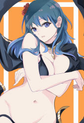 Rule 34 | 1girl, :d, bare arms, bikini, black bikini, blue hair, breasts, breasts squeezed together, byleth (female) (fire emblem), byleth (female) (summer) (fire emblem), byleth (fire emblem), cape, cleavage, crossed arms, fire emblem, fire emblem: three houses, flower, hair flower, hair ornament, hair over shoulder, hibiscus, highres, large breasts, long hair, navel, nintendo, official alternate costume, open mouth, red flower, smile, solo, swimsuit, teeth, tomas (kaosu22), upper body, upper teeth only