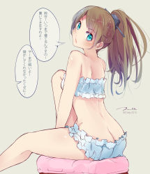 Rule 34 | 10s, 1girl, aqua eyes, ass, back, bad id, bad pixiv id, brown hair, butt crack, chestnut mouth, cinderella bust, from behind, highres, kantai collection, kumano (kancolle), long hair, looking at viewer, midriff, off shoulder, ponytail, sitting, solo, tebi (tbd11), translation request