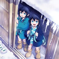 Rule 34 | 2boys, :d, aged down, aqua eyes, aqua hair, black hair, blue jacket, boots, breath, brothers, child, colored tips, day, egasumi, excited, from above, from outside, glint, hana ni nare, hands up, hanten (clothes), happy, highres, icicle, jacket, japanese clothes, kimetsu no yaiba, kimono, long hair, long sleeves, male focus, multicolored hair, multiple boys, open mouth, opening door, short kimono, siblings, side-by-side, sliding doors, smile, snow, snow rabbit, snowing, standing, streaked hair, tokitou muichirou, tokitou yuichirou, twins, two-tone hair, very long hair, wide sleeves, winter, yellow footwear