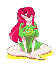 Rule 34 | 1girl, alternate costume, barefoot, bespectacled, black ribbon, commentary request, baobhan sith (fate), fate/grand order, fate (series), glasses, green shirt, grey eyes, hair ornament, hair ribbon, looking at viewer, naked shirt, pale skin, pointy ears, ponytail, quick shirt, red hair, ribbon, shirt, sidelocks, sitting, slit pupils, solo, t-shirt, uehara inco, wavy hair