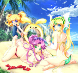 Rule 34 | 3girls, :p, angela (seiken densetsu 3), barefoot, beach, bikini, blonde hair, blue eyes, breast hold, breasts, charlotte (seiken densetsu 3), cleavage, cloud, covering privates, covering breasts, day, feet, green bikini, green eyes, large breasts, looking at viewer, multiple girls, ocean, one-piece swimsuit, outdoors, purple hair, red bikini, riesz, sand, school swimsuit, seiken densetsu, seiken densetsu 3, shindou hayato, sky, swimsuit, tongue, tongue out, topless, undressing, untied