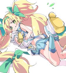 Rule 34 | 1girl, bell, blazblue, blonde hair, blue skirt, boots, bow, clenched teeth, cowbell, gloves, green bow, green eyes, hair bow, ixy, long hair, looking at viewer, low-tied long hair, platinum the trinity, quad tails, simple background, skirt, sleeveless, smile, solo, teeth, very long hair, white background, white footwear, white gloves
