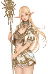 Rule 34 | 1girl, blonde hair, blue eyes, breasts, elf, elf (lineage 2), highres, lineage, lineage 2, long hair, medium breasts, midriff, navel, pointy ears, pop721119, simple background, solo, very long hair, wand, white background