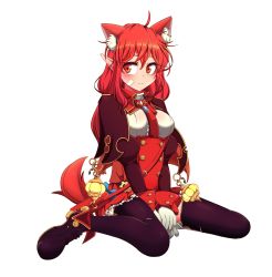 Rule 34 | 1girl, animal ears, bag, cape, cat ears, dungeon and fighter, female mage (dungeon and fighter), gloves, highres, mage (dungeon and fighter), pointy ears, red hair, satchel, sitting, smile, sss (komojinos3), tail, thighhighs, transparent background, white background, witch (dungeon and fighter)