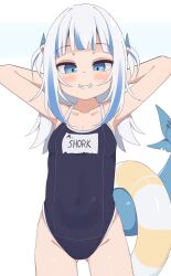 Rule 34 | 1girl, alternate costume, arms behind head, bare shoulders, black one-piece swimsuit, blue eyes, blue hair, blunt bangs, blush stickers, breasts, collarbone, commentary, covered navel, cowboy shot, english commentary, fins, fish tail, gawr gura, gluteal fold, grin, groin, hair ornament, highres, hololive, hololive english, innertube, long hair, looking at viewer, multicolored hair, name tag, one-piece swimsuit, school swimsuit, shark hair ornament, shark tail, simple background, small breasts, smile, solo, streaked hair, swim ring, swimsuit, tail, tenroy, two-tone hair, virtual youtuber, white background, white hair