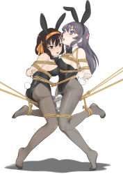 Rule 34 | 2girls, absurdres, animal ears, arms behind back, bdsm, black neckwear, blush, bondage, bound, breasts, rabbit hair ornament, crossover, crying, detached collar, fake animal ears, feet, full body, hair between eyes, hair ornament, highleg, highres, ivanfx, large breasts, long hair, looking at viewer, medium breasts, multiple girls, no shoes, open mouth, orange ribbon, pantyhose, playboy bunny, rabbit ears, rabbit tail, restrained, ribbon, sakurajima mai, seishun buta yarou, sex toy, shadow, shibari, short hair, sideboob, standing, standing on one leg, suzumiya haruhi, suzumiya haruhi no yuuutsu, tail, teeth, tiptoes, toes, tongue, tongue out, trait connection, vibrator, white background, wide-eyed