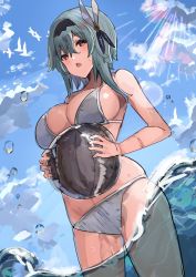 Rule 34 | 1girl, ball, bare arms, bare shoulders, bikini, black hairband, blue hair, blue sky, breasts, brown eyes, commentary request, cowboy shot, day, eula (genshin impact), genshin impact, grey bikini, hair ornament, hairband, highres, holding, holding ball, large breasts, looking at viewer, medium hair, sky, solo, standing, swimsuit, the olphy, thighs, wading, water