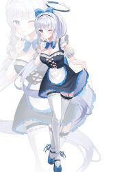Rule 34 | 1girl, alternate costume, black dress, black footwear, blue archive, blush, breasts, cleavage, closed mouth, commentary, doka l, dress, enmaided, frilled dress, frills, full body, grey hair, halo, highres, large breasts, long hair, looking at viewer, maid, mechanical halo, noa (blue archive), one eye closed, purple eyes, shoes, simple background, smile, solo, thighhighs, white background, white thighhighs, zoom layer