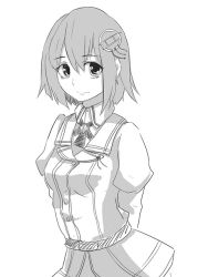 Rule 34 | 10s, 1girl, arms behind back, bad id, bad pixiv id, belt, dress, greyscale, haguro (kancolle), hair ornament, kantai collection, looking at viewer, monochrome, short hair, simple background, solo, tokoi, vest