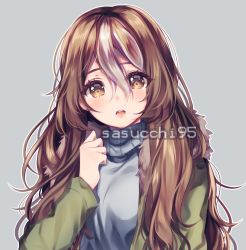 Rule 34 | 1girl, arm up, arms up, artist name, blush, brown eyes, brown hair, coat, commission, hair between eyes, highres, long hair, long sleeves, multicolored hair, open mouth, original, sasucchi95, solo, sweater, turtleneck, turtleneck sweater, wavy hair