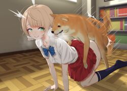 Rule 34 | 1girl, 1other, all fours, bestiality, blonde hair, clenched teeth, clothed sex, dog, gishu, green eyes, grin, highres, indie virtual youtuber, indoors, motion lines, on floor, red skirt, school uniform, sex, sex from behind, shiba inu, shigure ui (vtuber) (2nd costume), shigure ui (vtuber), skirt, smile, teeth, virtual youtuber, wooden floor