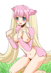 Rule 34 | 1girl, audino, blue eyes, blush, breasts, creatures (company), female focus, game freak, gen 5 pokemon, nature, nintendo, nipples, personification, pink hair, plant, pokemon, simple background, solo, tears, u byou, white background