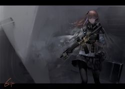 Rule 34 | 1girl, absurdres, ar-15, artist name, assault rifle, bad id, bad pixiv id, black gloves, black skirt, blue eyes, brown hair, floating hair, girls&#039; frontline, gloves, gun, highres, holding, holding gun, holding weapon, ittou, letterboxed, load bearing vest, long hair, looking at viewer, miniskirt, multicolored hair, one side up, pantyhose, pleated skirt, purple hair, rifle, scenery, skirt, solo, st ar-15 (girls&#039; frontline), standing, streaked hair, weapon