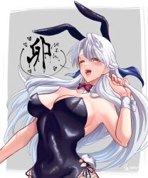 Rule 34 | 1girl, :d, animal ears, bare shoulders, black leotard, blush, border, bow, bowtie, breasts, chinese zodiac, cleavage, covered navel, detached collar, fake animal ears, fake tail, fire emblem, fire emblem: radiant dawn, fishnet pantyhose, fishnets, grey hair, hair ribbon, half updo, heart, highres, ink, large breasts, leotard, long hair, marth-chan (micaiah mrmm), micaiah (fire emblem), nintendo, open mouth, pantyhose, playboy bunny, rabbit ears, rabbit tail, ribbon, side-tie leotard, simple background, smile, solo, strapless, strapless leotard, tail, upper body, white border, wrist cuffs, year of the rabbit, yellow eyes