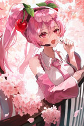 Rule 34 | 1girl, absurdres, blush, breasts, cherry, cherry blossoms, commentary request, detached sleeves, food, frilled shirt, frills, fruit, hair between eyes, hatsune miku, headset, highres, long hair, long sleeves, medium breasts, necktie, open mouth, partial commentary, pink hair, pink necktie, railing, red eyes, rounizm, sakura miku, shirt, sleeveless, sleeveless shirt, solo, twintails, vocaloid, white shirt